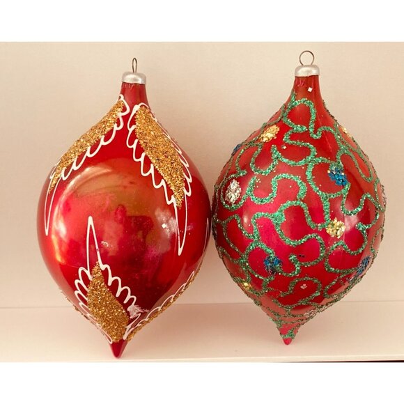 Vintage Christmas Ornament Italy Set of 2 Teardrop Hand Painted Glitter Red - Picture 1 of 5